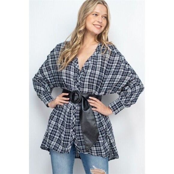 Small Faux Leather Belt Button Down Shirt Top Navy Blue & White Checker Plaid - Picture 1 of 2